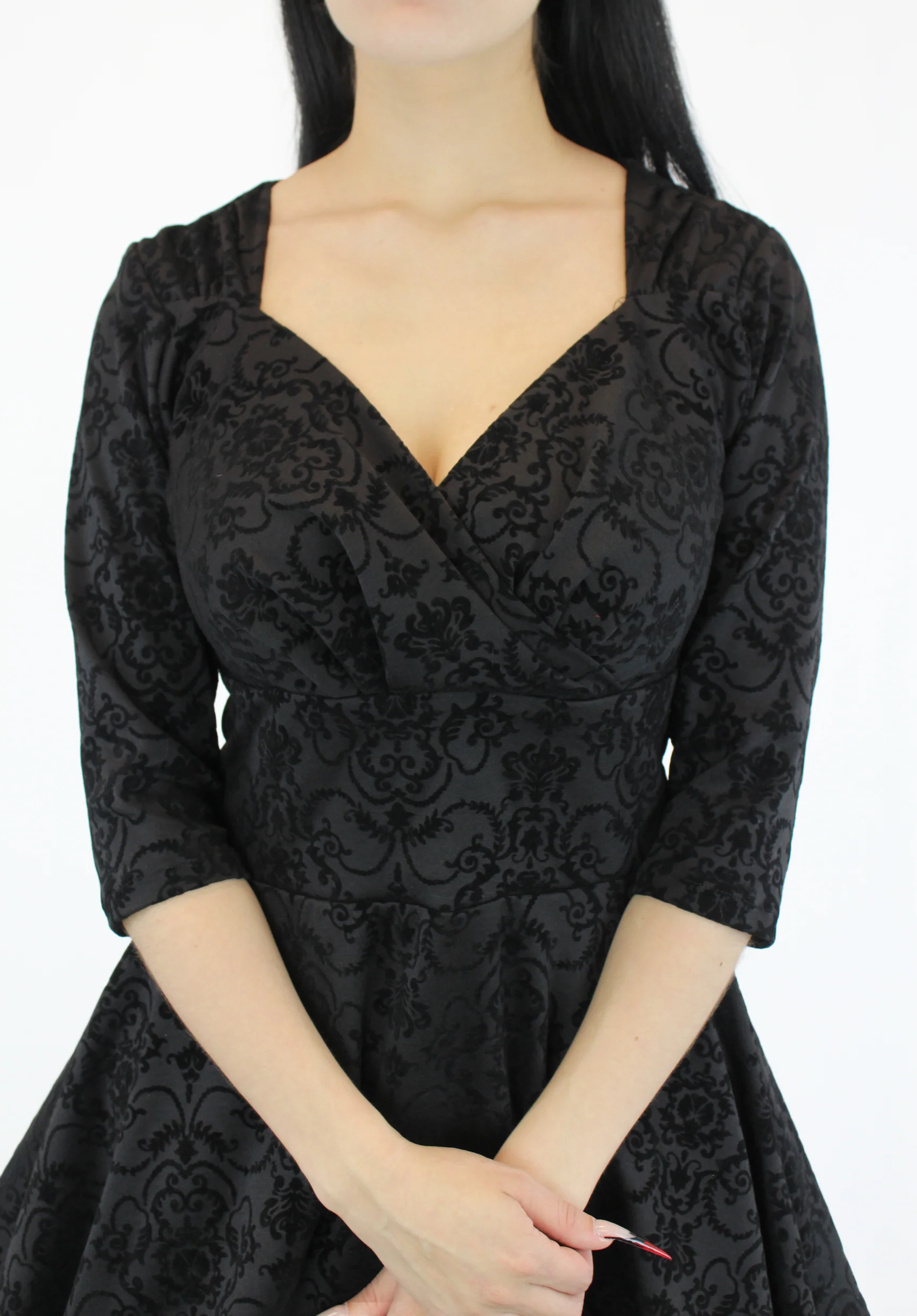 Holiday Black PinUp Damask 1950s Vintage Inspired Circle Party Dress w/ Pockets - Image 2