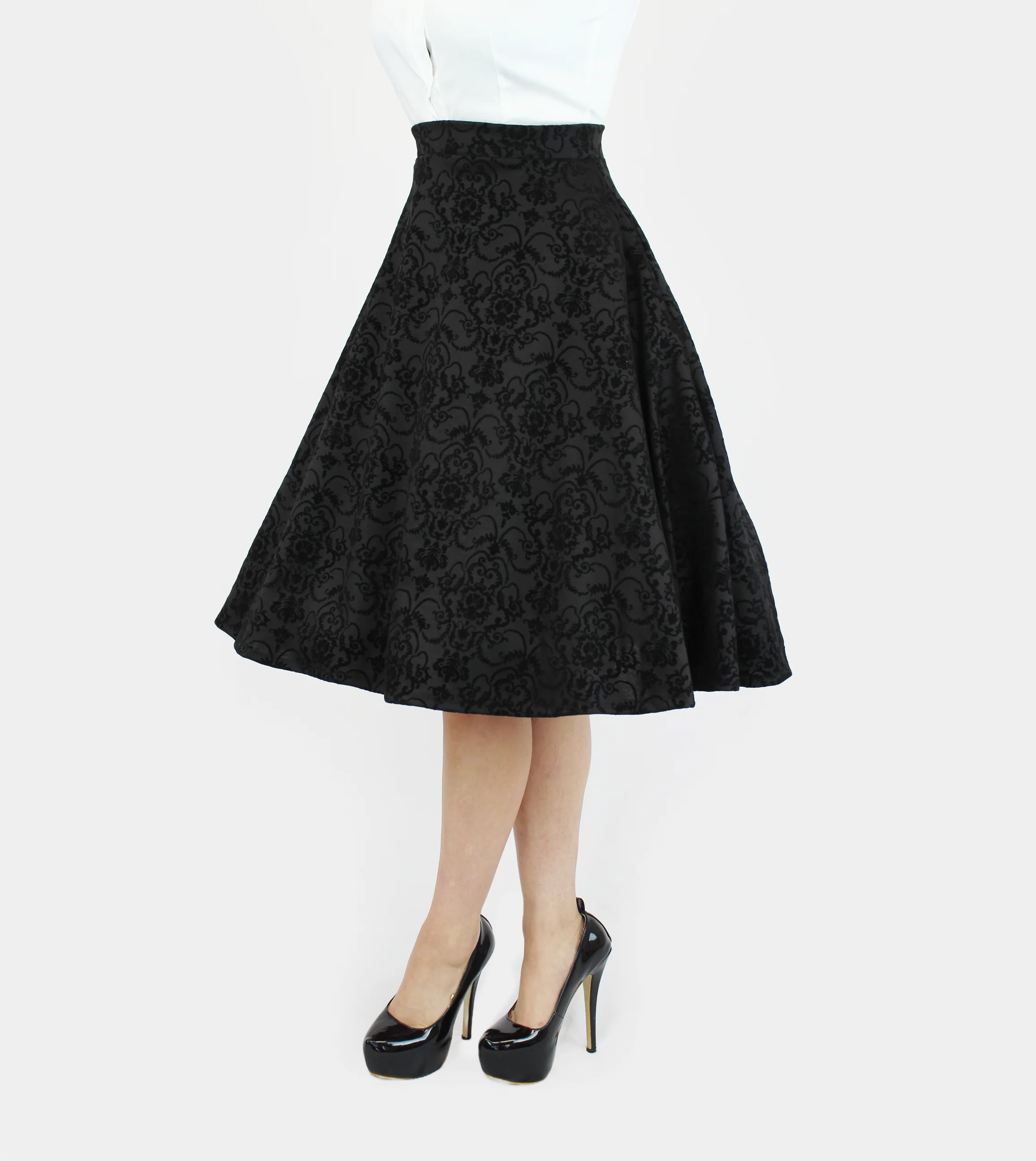 Vintage Inspired Holiday Damask Circle Skirt, Black Audrey Hepburn Full Circle Skirt w/ Pockets XS-3X - Image 3