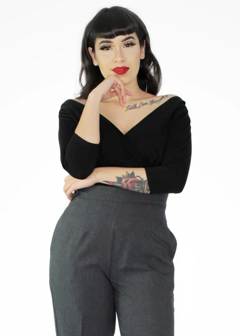 Black Three Quarter Sleeve Overlap Top - Image 3
