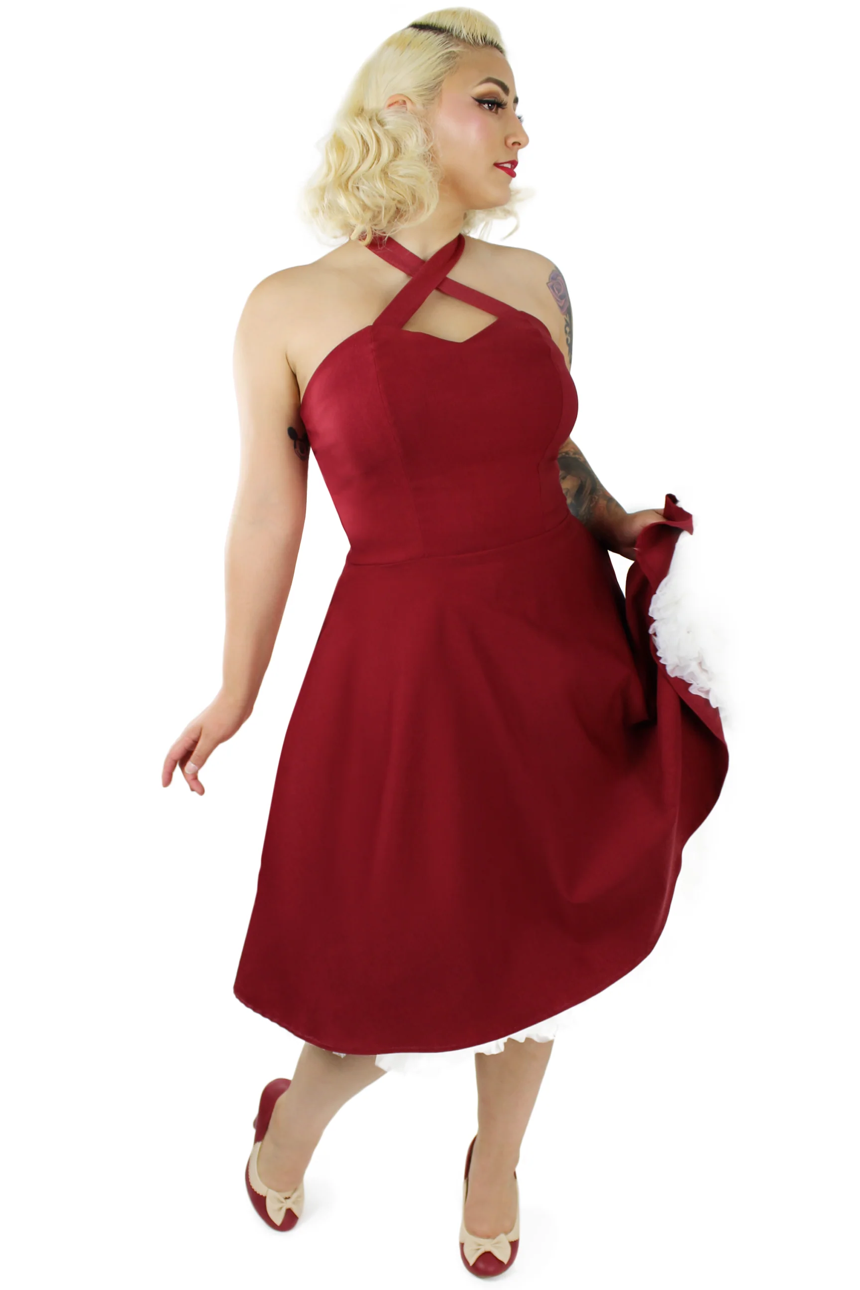 Burgundy Criss Cross Halter Dress - Image 3