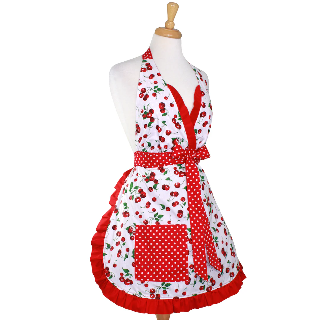 "Butter Me Up" Cherry Christmas Apron - Mrs. Claus' Cherry Pie Holiday Retro Apron - Image 3