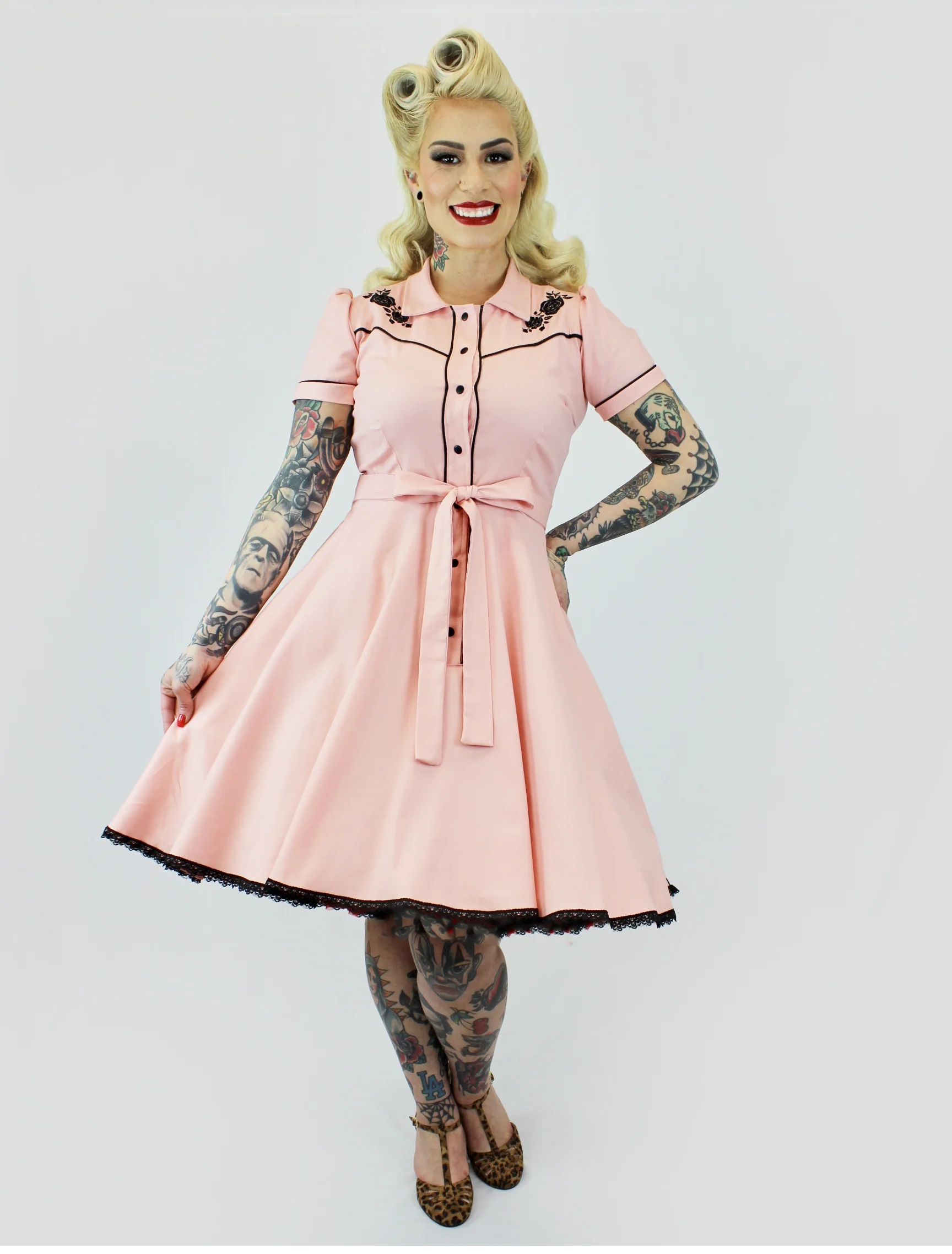 Pink Black Rose Vintage Rockabilly Western Country Women Dress - Image 2