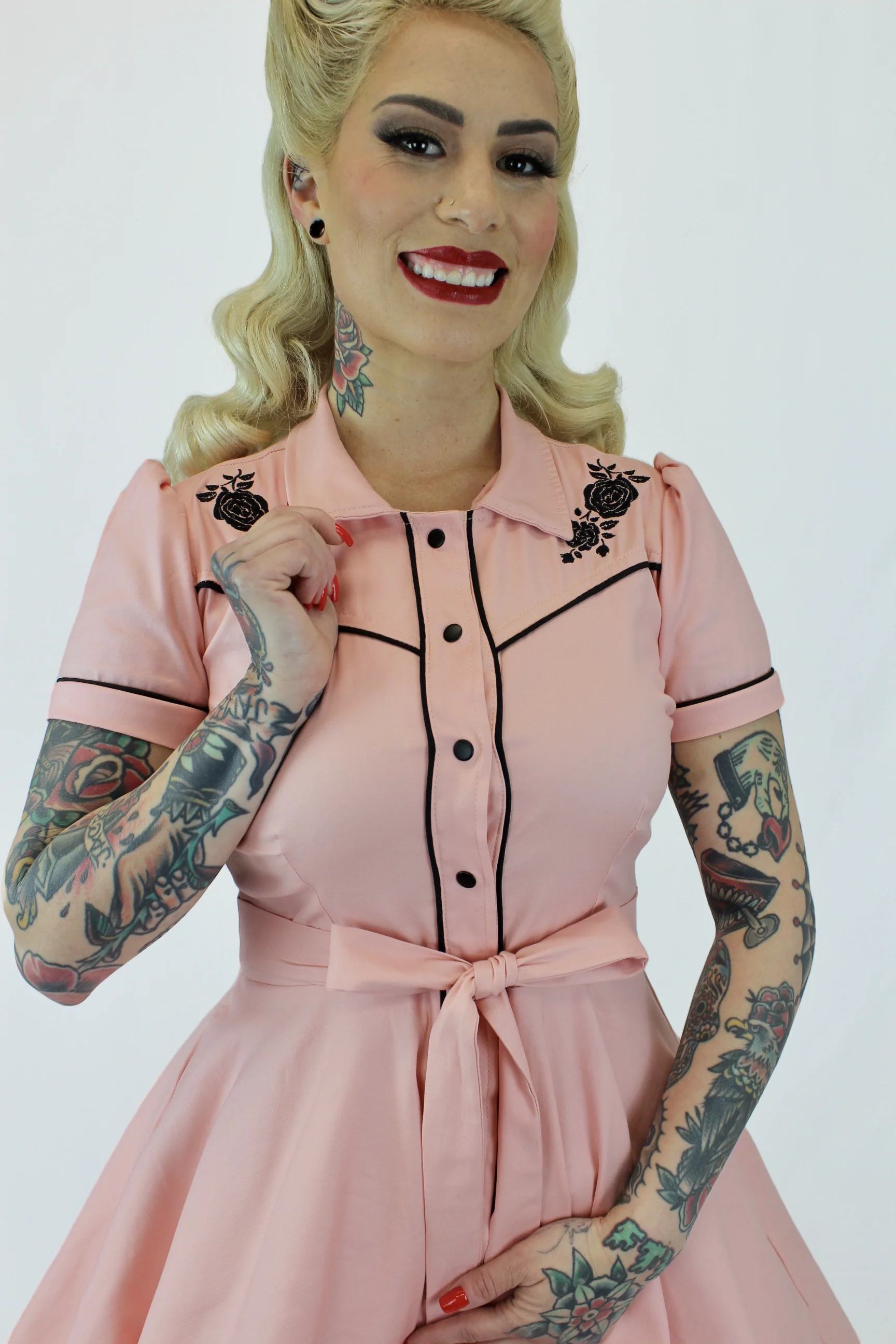 Pink Black Rose Vintage Rockabilly Western Country Women Dress - Image 3