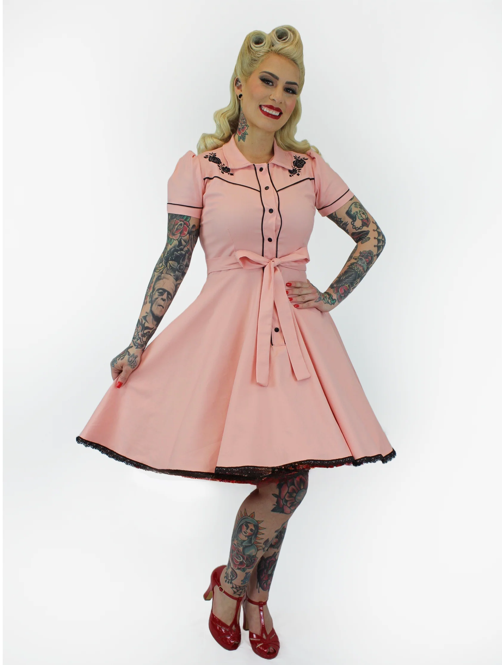 Pink Black Rose Vintage Rockabilly Western Country Women Dress - Image 6