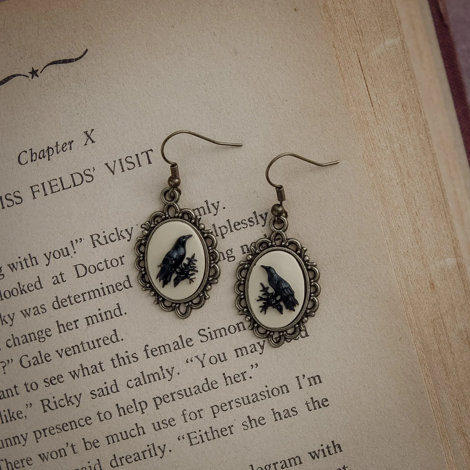 Handmade Crow Cameo Earrings