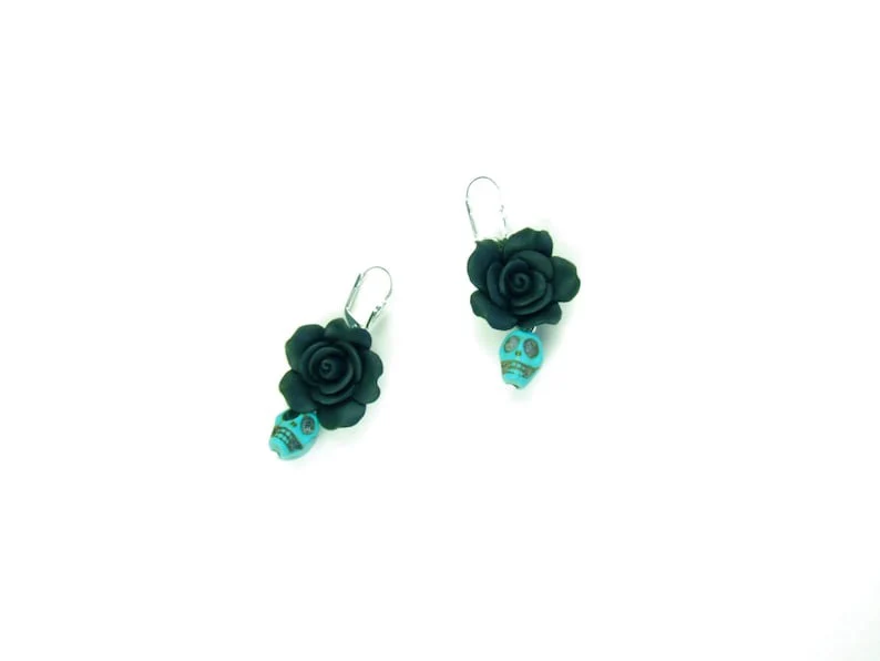 Handmade Polymer Clay Black Flowers and Blue Skulls Earrings - Image 3