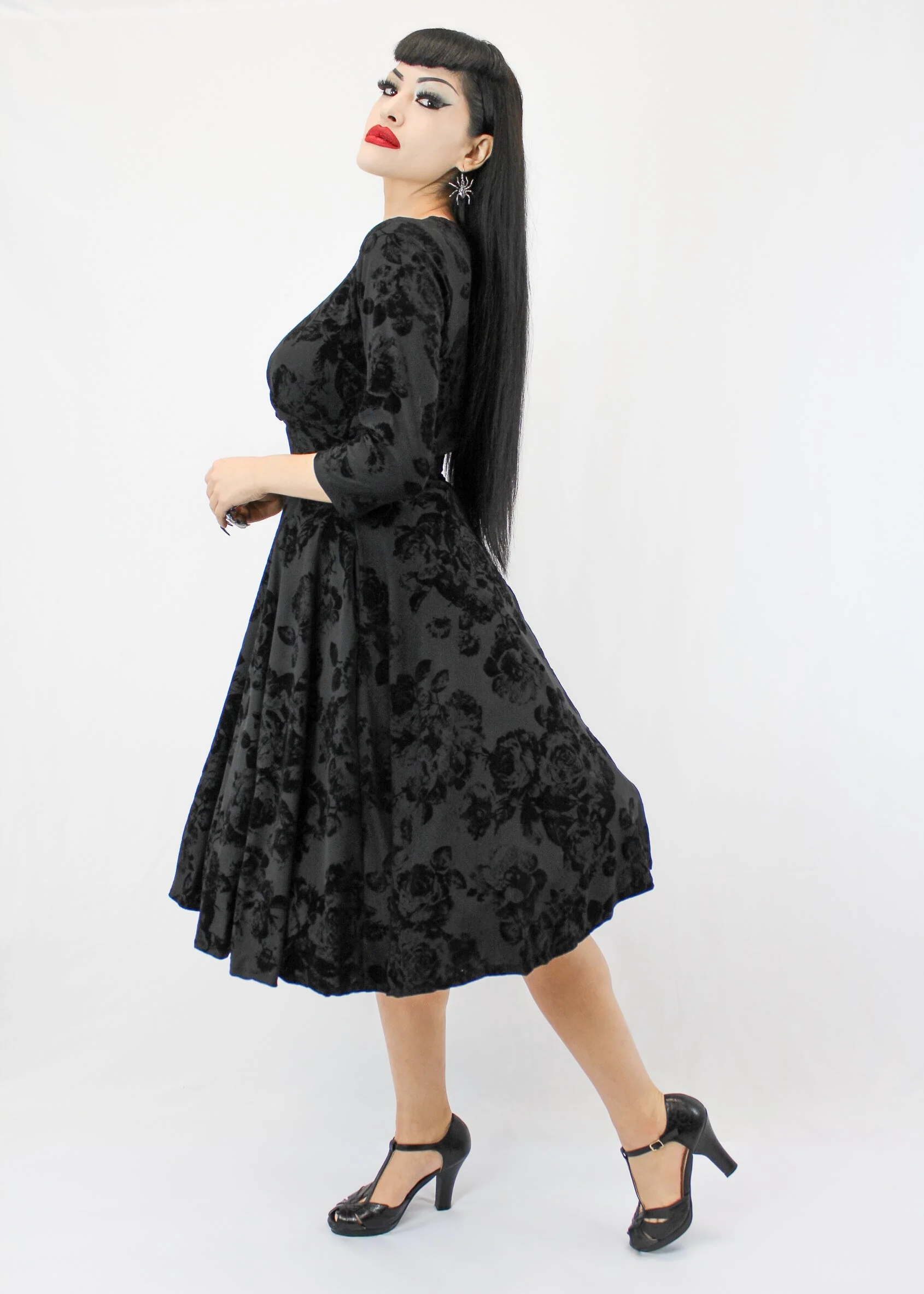 Holiday Black 1940s Vintage Inspired Circle Dress w/ Pockets - Image 3