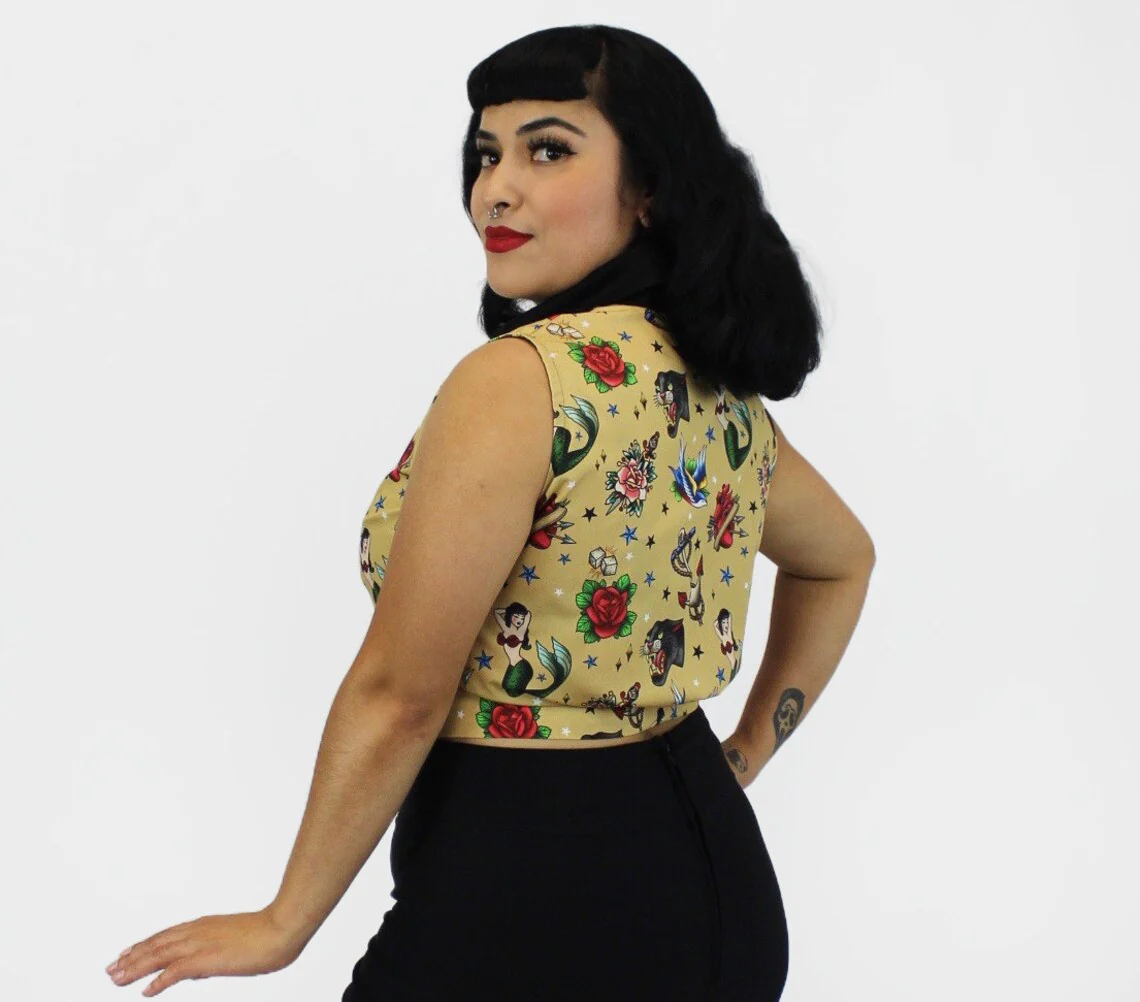 Tattoo Art Sleeveless Tie Crop Top - Image 4