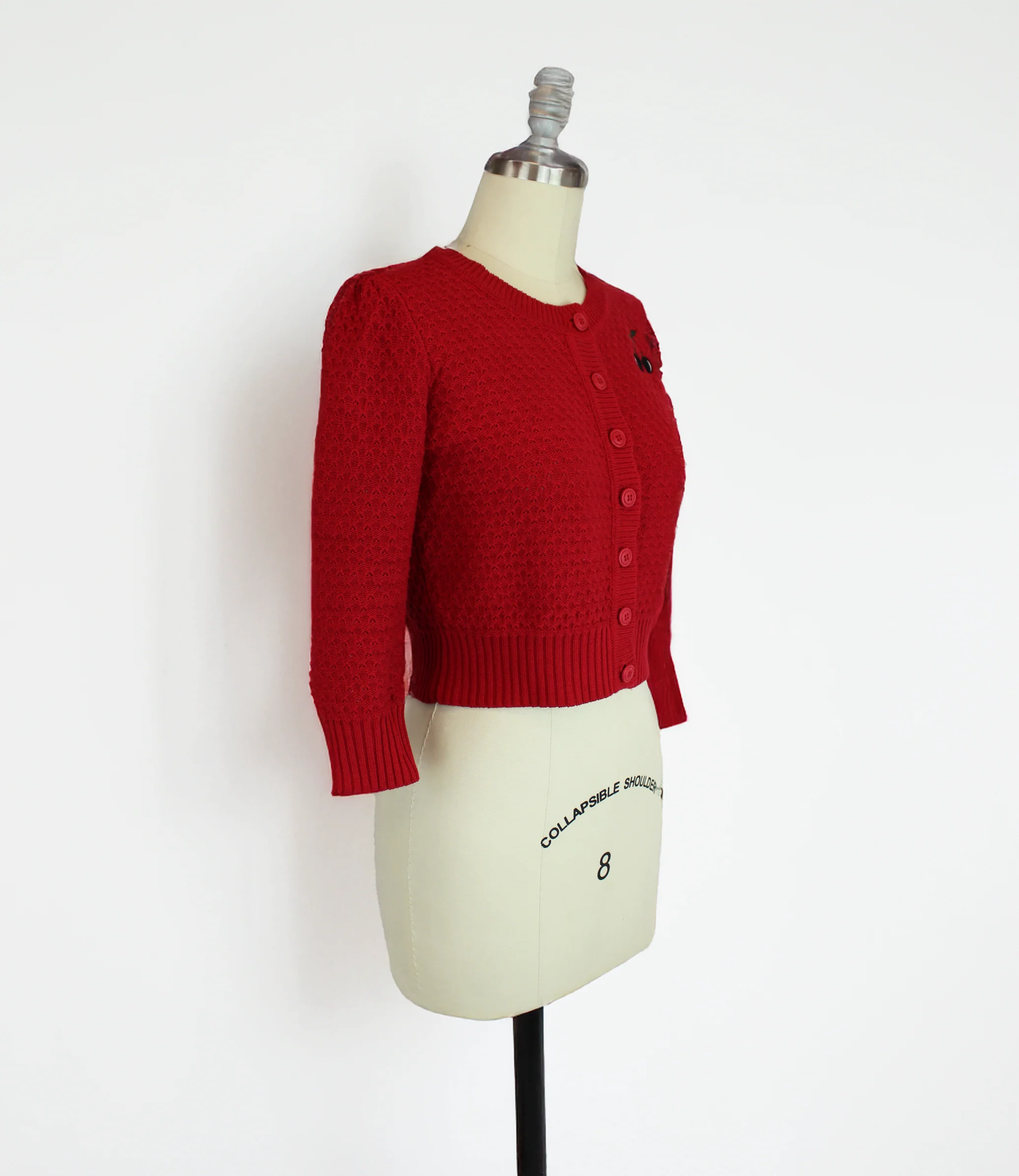Red 3/4 Sleeve Cardigan Sweater with Cherry Embroidery - Image 3