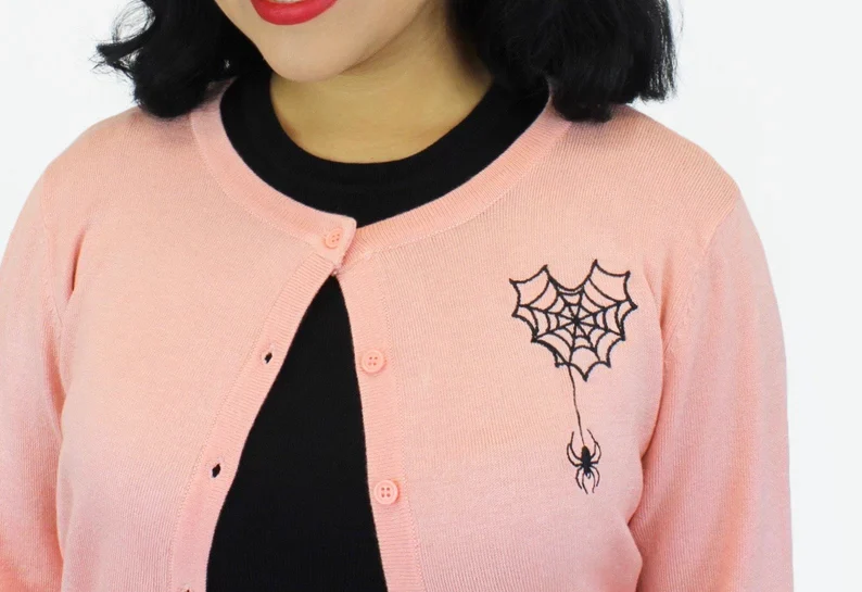 Long Sleeve Pink Embroidered Spiderweb Cardigan Sweater - Image 3