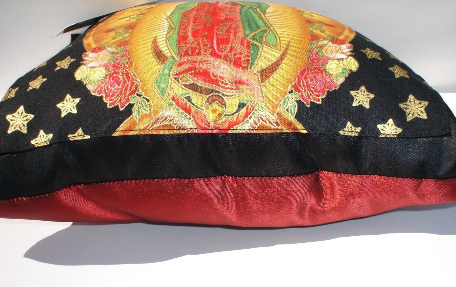 Mexican Virgin Mary Guadalupe Black and Gold Stars Throw Pillow - Image 3