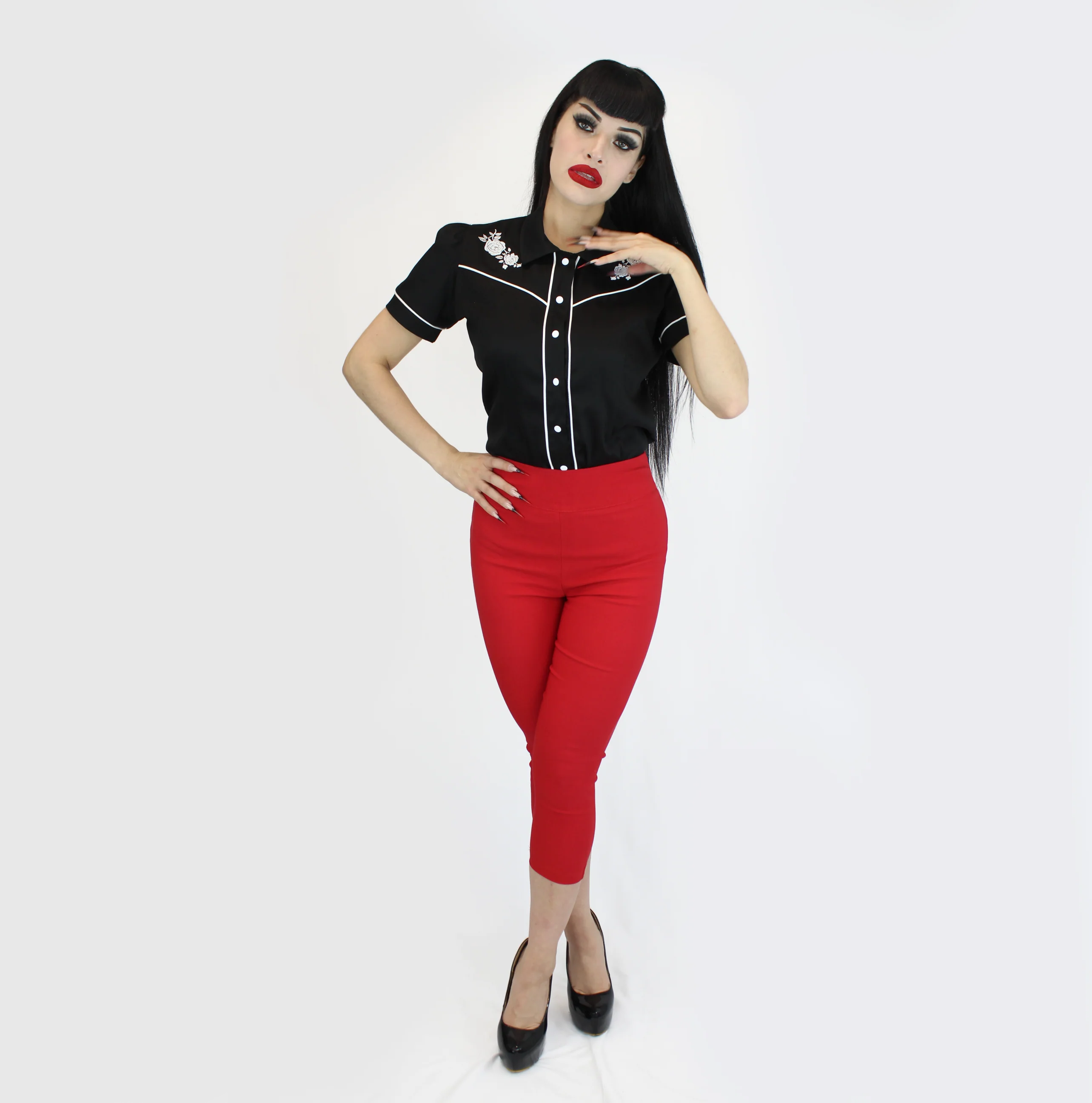 Black White Rose Rockabilly Western Top - Image 4