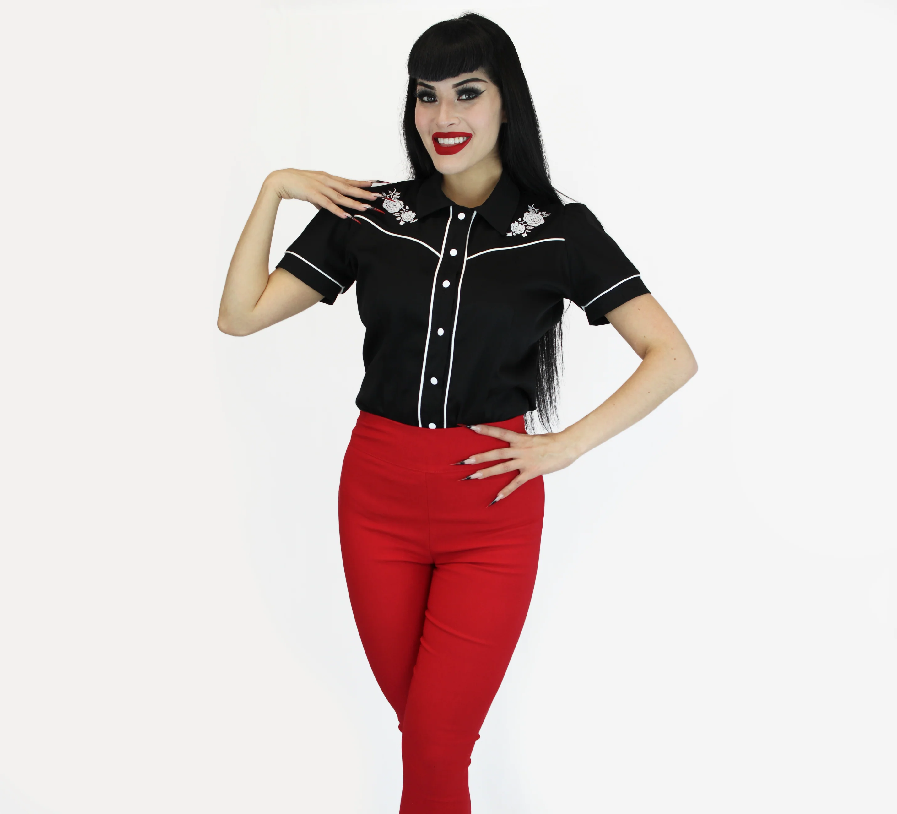 Black White Rose Rockabilly Western Top - Image 5