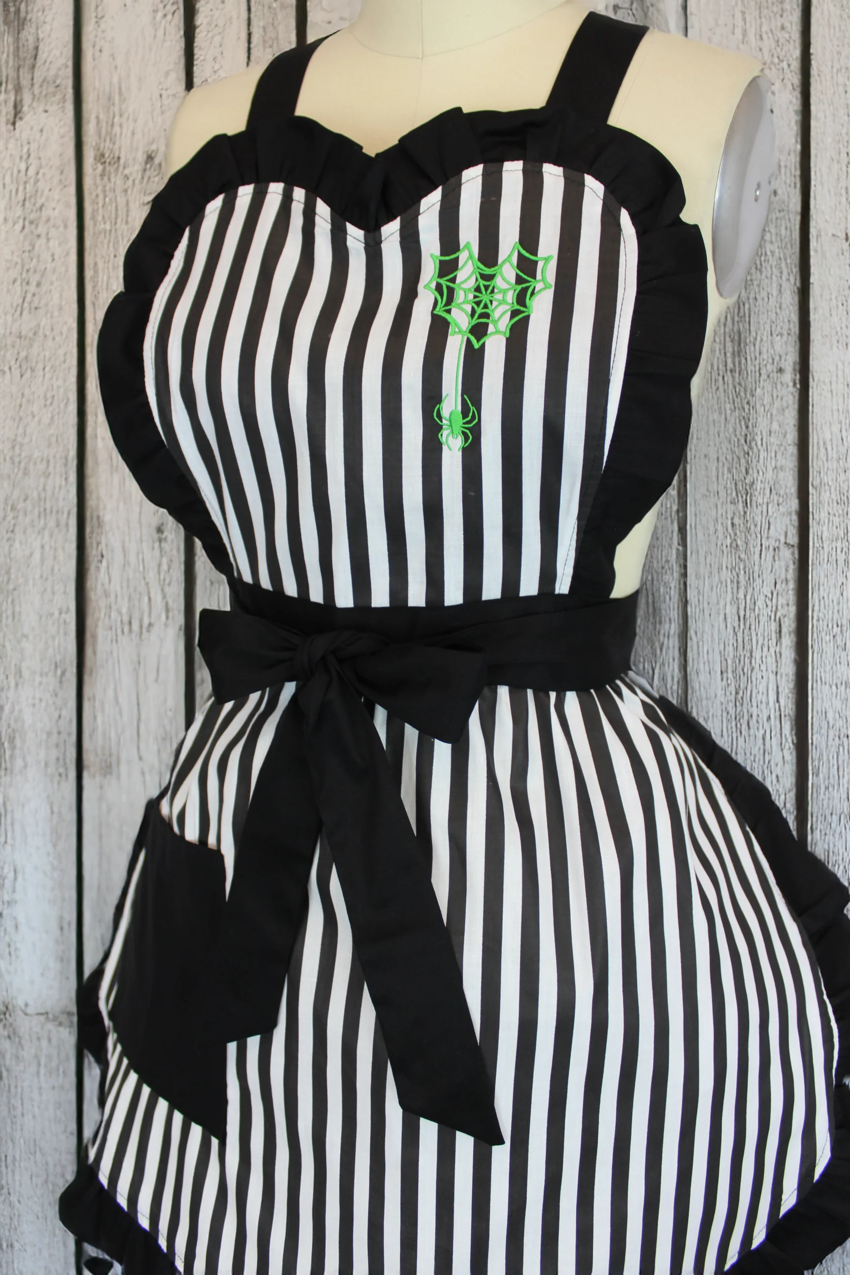 Gothic Glam Apron with Neon Green Spiderweb Heart Detail - Image 3