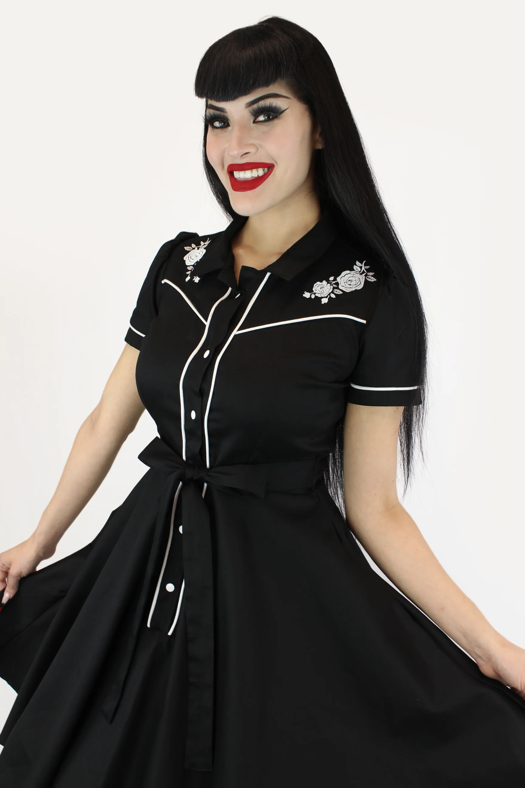 Black and White Rose Embroidery Vintage Rockabilly Western Country Dress - Image 5