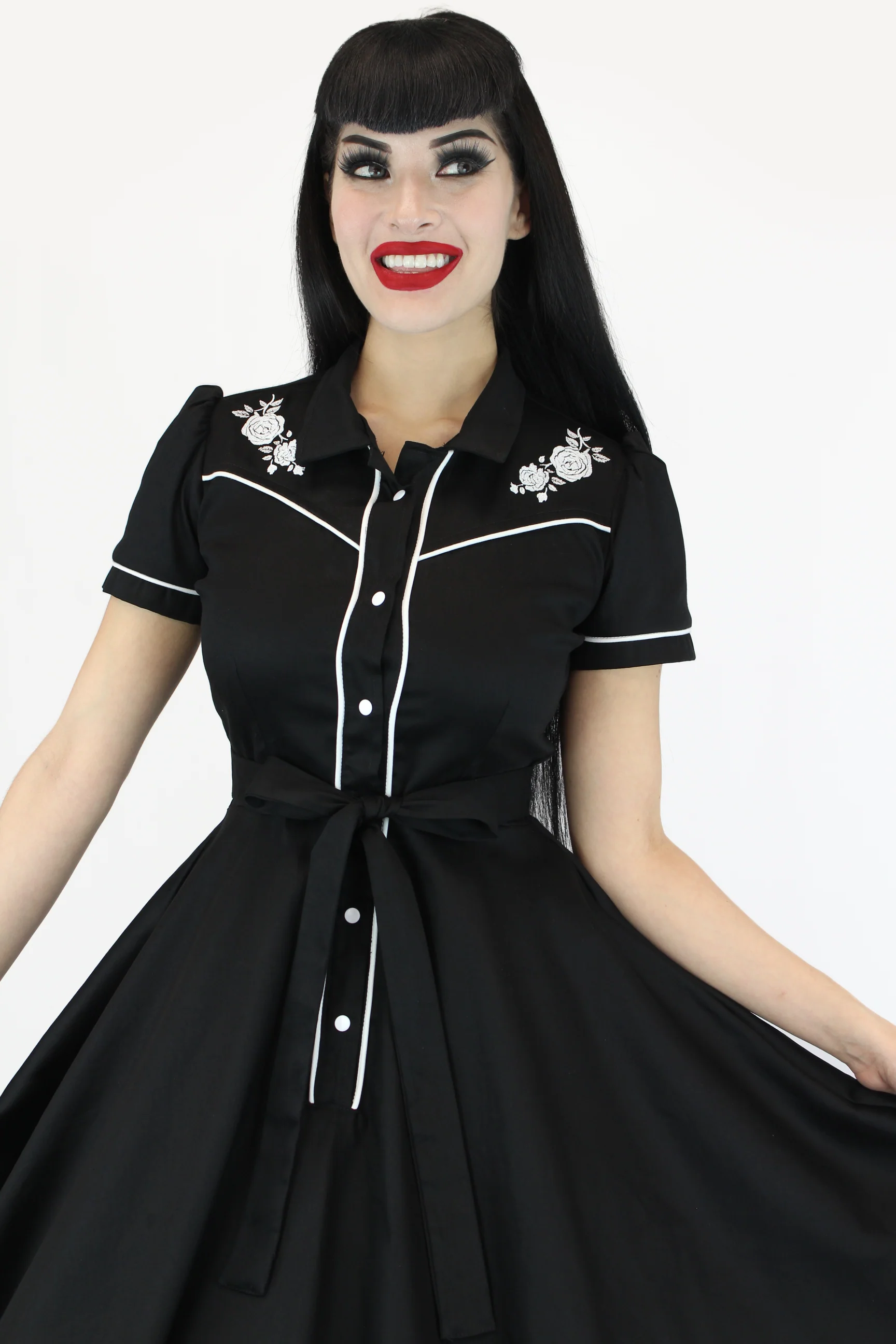 Black and White Rose Embroidery Vintage Rockabilly Western Country Dress - Image 6