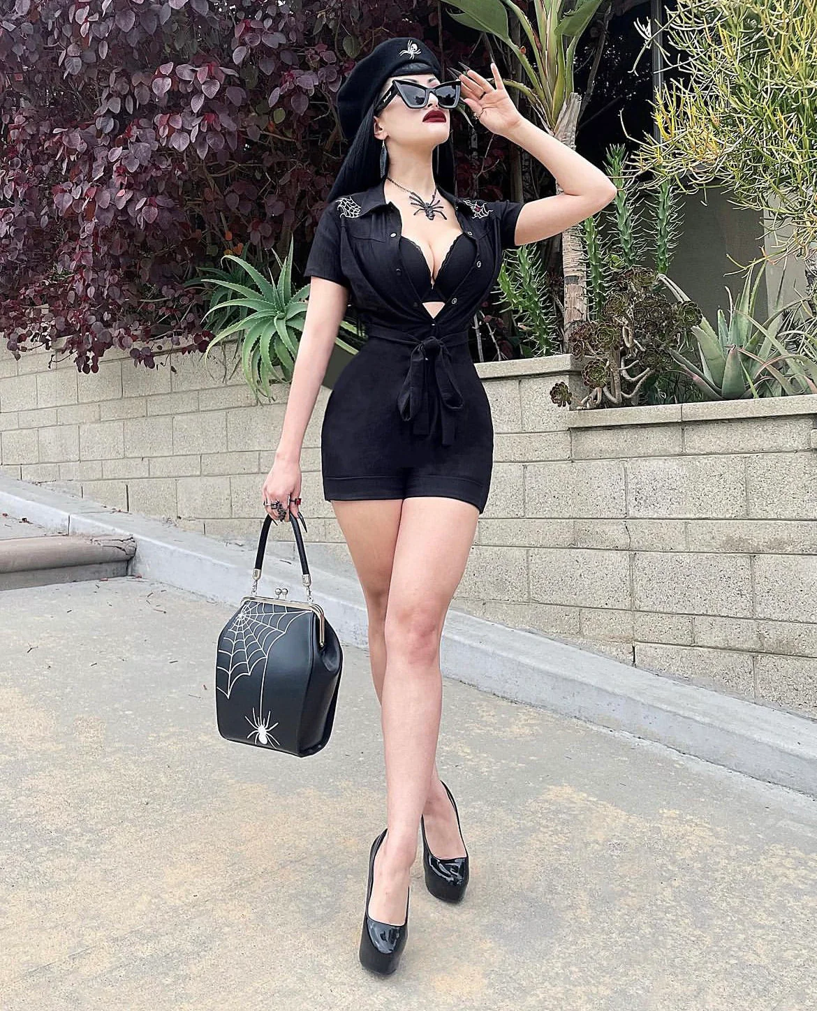 Spiderweb Stretchy Black Romper With Belt - Image 5