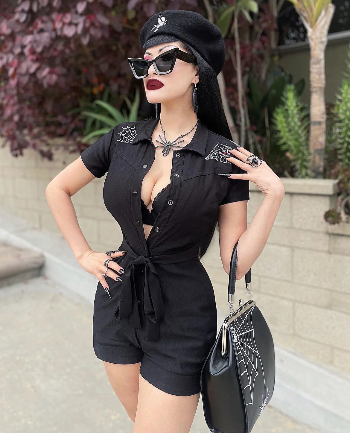 Spiderweb Stretchy Black Romper With Belt - Image 8