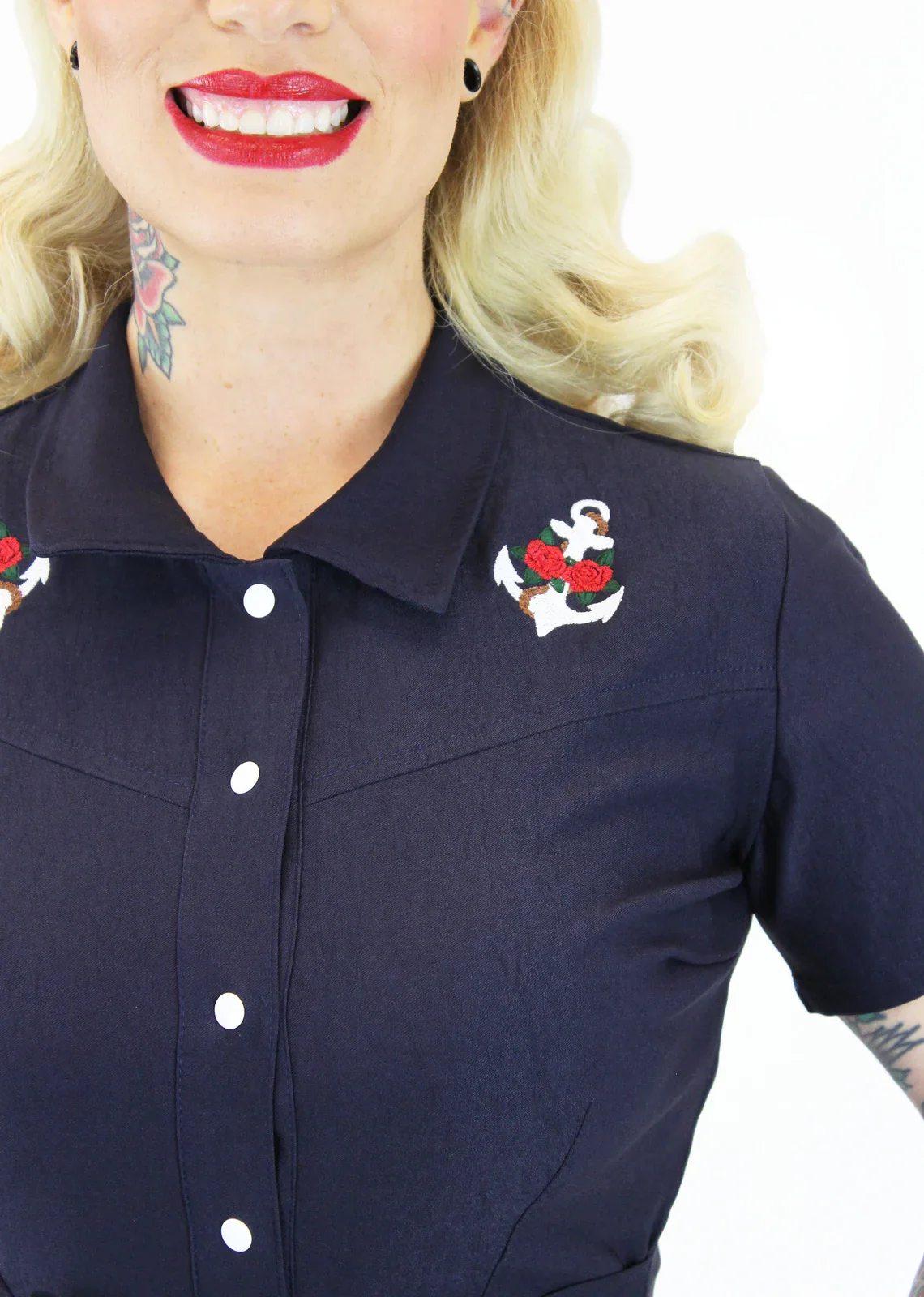 Nautical Embroidered Anchor Navy Romper With Belt - Image 3