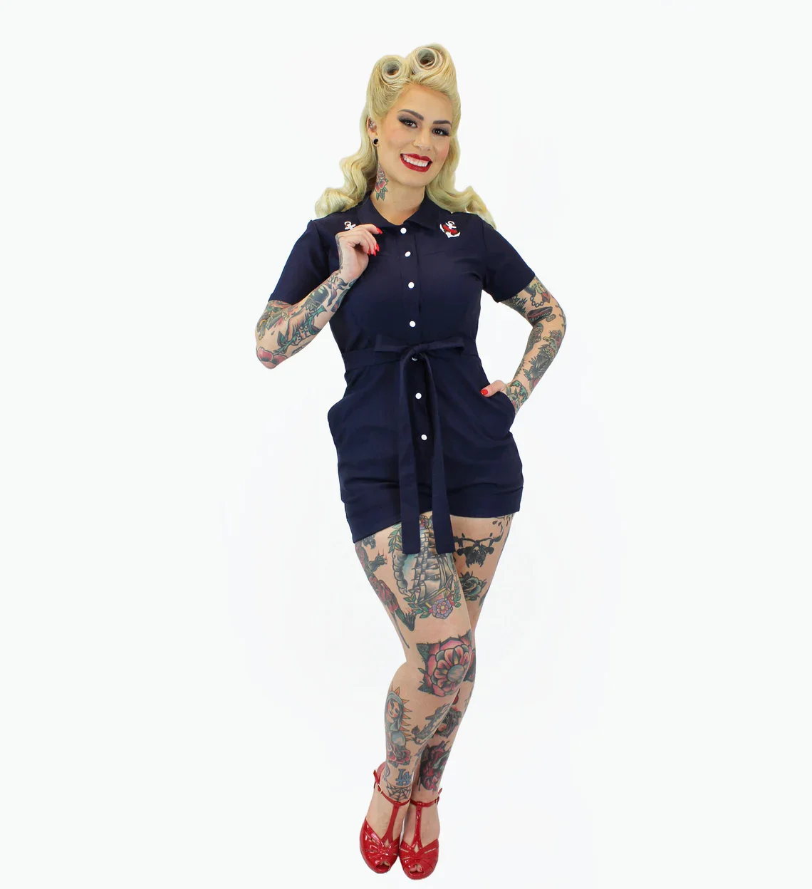 Nautical Embroidered Anchor Navy Romper With Belt - Image 4