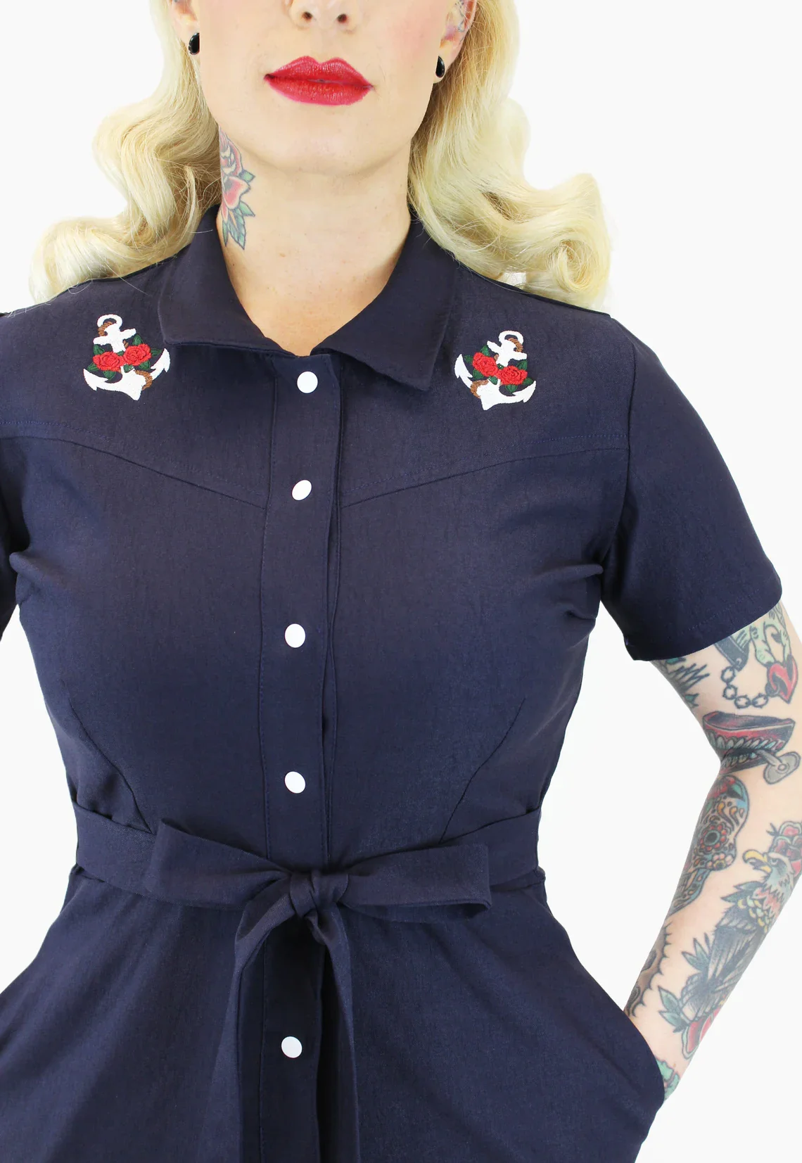 Nautical Embroidered Anchor Navy Romper With Belt - Image 5